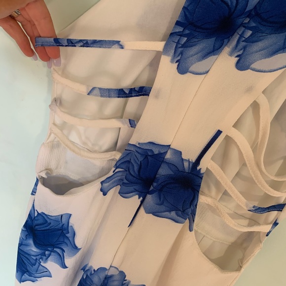 white and blue watercolor floral mini dress - Picture 3 of 3